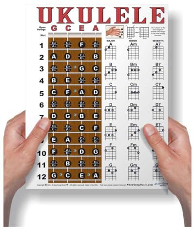 A New Song Music Laminiertes Ukulele-Griffbrett und Akkorddiagramm für Sopran, Konzert, Tenor-Uke (gCEA), einfaches Anleitungsposter für Notebook, 21,6 x 27,9 cm