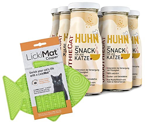 SmoothieCat 6er Pack mit LICKIMAT für Katzen - Huhn&Herz je 150ml Katzensmoothie Flüssignahrung für Katzen Futtertopping Schleckmatte