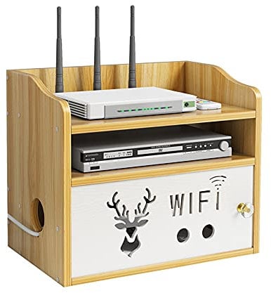 Hggzeg Router Storage Box Multi-layer Desktop Wooden WiFi Storage Rack with Shutter Set-Top Box Remote Control Power Cord Socket Storage Shelf (Jlo5, Cherry Wood)