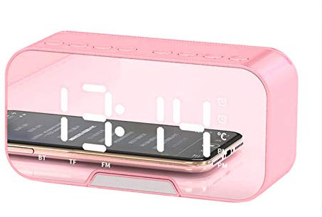 Fiauli Enceinte Bluetooth avec radio FM et écran LED miroir - Réveil numérique - Diffusion vocale - Snooze - Réveil de bureau - Sans tic-tac - Pour la maison. la chambre à coucher - Rose