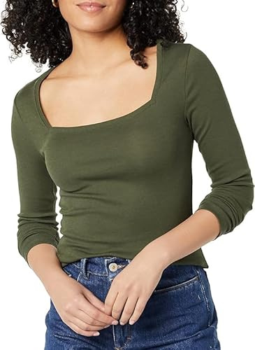 Amazon Essentials Women's Slim-Fit Long-Sleeved Square Neck T-Shirt, Olive, XL