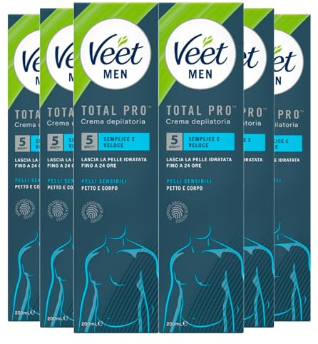 Veet Men Total Pro Haarentfernungscreme für empfindliche Haut, feuchtigkeitsspendend und parfümiert, mit Spatel zum Auftragen und Entfernen von Creme, 6 Flaschen à 200 ml