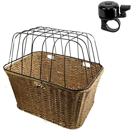 Fahrrad- Gepäckträgerkorb Hunde- Tierkorb Kunststoff Schutzgitter Hellbraun inkl. Fahrradklingel