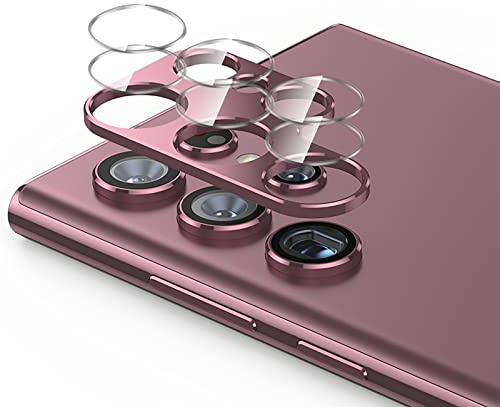 GIOPUEY Camera Lens Protector Compatible with Samsung Galaxy S22 Ultra, Camera Metal Protector + 2 PACK Camera Glass Protector Film, 360° Camera Protection for Samsung Galaxy S22 Ultra (Red)