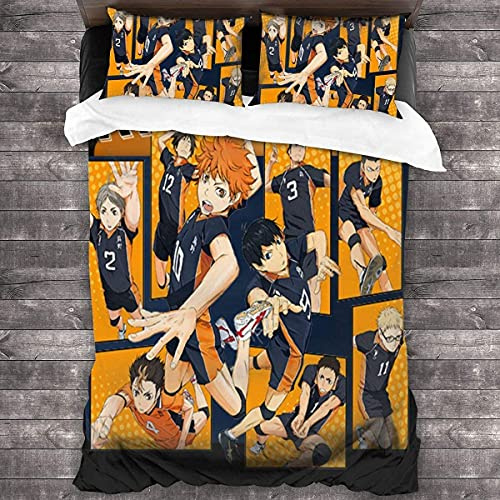 ANSSON Tobio Kageyama Anime Bettwäsche + 2 Kissenbezug Kinder Bettbezug für Haikyuu Fans,Shoyo Hinata Muster Teenager-Bettwäsche Set (135x200cm+80x80cmx2, Karasuno1)