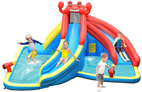 GOPLUS Aufblasbarer Wasserpark, Wasserrutsche mit Planschbecken & Kletterwand & 2 Wasserkanone&Doppelrutschen & Tragetasche für Kinder 3-10 Jahre, für Park & Hof (Krabbe, Ohne Gebläse)