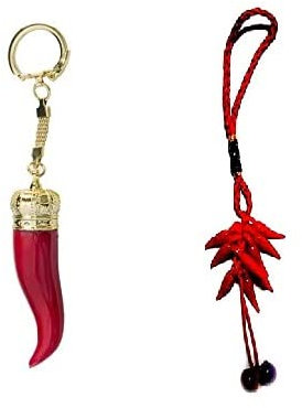 BLUSUPERSHOP 2 Schlüsselanhänger: 1 Horn aus Kunststoff Hand 8 cm Antijella Glücksbringer Hand Making Horns + 1 Schlüsselanhänger Horn Amulett Horn Charms Lucky Gobbo Ski Napoletane, rot,