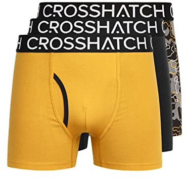 Crosshatch Men’s Lynol Boxer Shorts (Pack of 3), Stretch Cotton Trunks with Front Fly Opening & Jacquard Branded Waistband, Patterned & Solid Design, Sizes S-XXL, Yellow,Red Multi-Pack