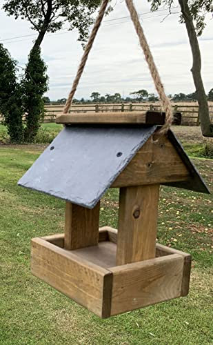 Garden Wooden Wild Bird Hanging Feeder Table Slate Roof Tray Birds Seed Feed Peanut