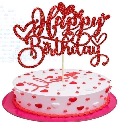 Gyufise 1Pc Love Heart Happy Birthday Cake Topper Red Glitter Sweet Valentine's Day Cake Picks Decorations for Valentine's Day Love Theme Baby Shower Birthday Party Supplies