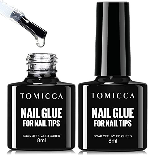 TOMICCA 4 in 1 Nail Glue and Base Gel Kit for Clear Nail Tips Extra Strong 2PCS 16ml Brush On Nail Glue Gel for Acrylic Nails Transparent False Nails, UV Gel Glue for Nails, UV/LED Lamp Required