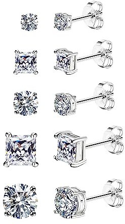 Dochais 5 Paia Set di Orecchini in Argento 925, Orecchini a Bottone con Diamanti, Orecchini con Zirconi Cubici Quadrati Rotondi, Orecchini a Bottone Ipoallergenici per Donna Uomo 3, 4, 5, 6, 8 mm