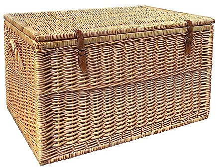 Arthur Cameron - Modena Deluxe Wicker Storage Basket with Lid, Leather Straps to Secure Shut & Strong Wooden Frame - Large wicker basket, storage trunk, storage chest (Large, Natural)