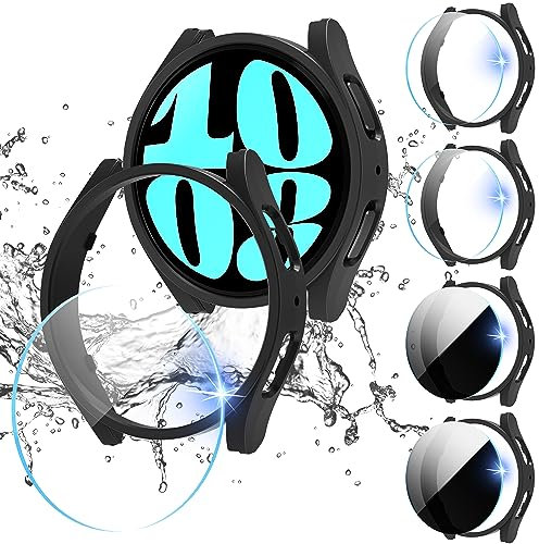 Diruite 4+4Pack for Samsung Galaxy Watch 6 44mm Case+Screen Protector,Scratch Resistant PC Hollow Shell Cover*4&Privacy Tempered Glass*2+Clear Tempered Glass*2 for Samsung Galaxy Watch 6 44mm