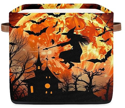 Aufbewahrungskorb für Halloween, Hexe, Fledermaus, Burg, für die Organisation, faltbarer Stoff-Aufbewahrungskorb, zusammenklappbarer Spielzeugkorb, Organizer-Mülleimer mit Ledergriffen,