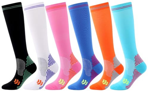 URFEDA 6 Paar Kompressionsstrümpfe für Damen und Herren, laufstrümpfe Kompressionssocken Stützstrümpfe Bunte Compression Socks kompression Hochstrumpf für Wandern Flug Reisen Sport Laufen Radsport