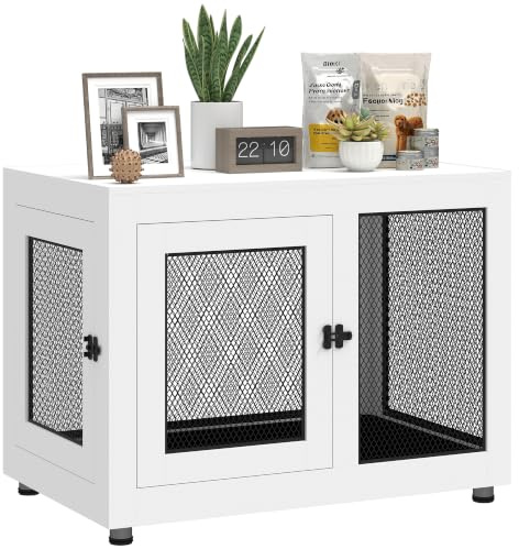 PawHut Cage pour Chiens Interieur Table d'Appoint 94 x 60 x 71,5 cm Blanc | Cage Chien de Taille Grand, 2 Portes, Coussin Amovible, Plateau, Résistants aux Morsures