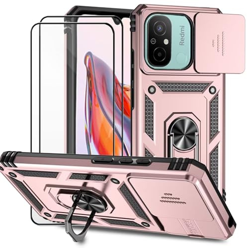 Dechyi Funda para Xiaomi Redmi 12C /12 C/11a Carcasa Cubierta de Cámara Deslizante Vidrio Templado con Soporte de Anillo antigolpes Case-Rosado