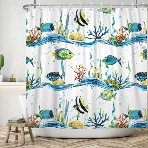 ASDCXZ Rideau de Douche Poisson 240x180 cm, Monde sous-Marin Mignon Bleu Jaune Noir Poisson Corail Vague Lavables Textile Rideau de Bain imperméable pour Baignoire avec 12 Crochets