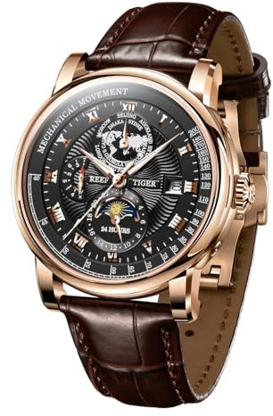 REEF TIGER Top Brand Herren Moonphase Automatikuhr Kompletter Kalender Leuchtend Transparent Leder Mechanische Uhr RGA1963, Rga1963-pbs, Armband