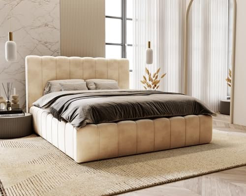 Emporius Lisbon Polsterbett 200x200cm, mit Lattenrost, Stauraum, Bettzeugkasten, Kopfteil - Gestell, Rahmen, Doppelbett - Schlafzimmer, Jugendzimmer - Velvet Beige