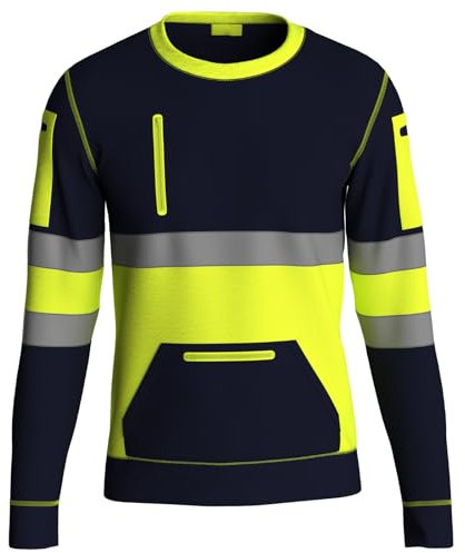 NOROZE High Visibility Long Sleeve Hi Vis Jumper - Crew Neck Fleece Hi Viz Sweatshirt Reflective Tape Safety - Mens Security Workwear Tshirt Top NVY-YEL/XL