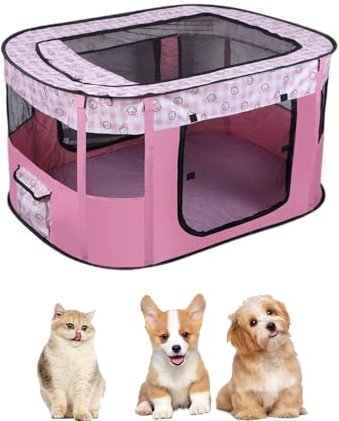 WAVATA Welpenlaufstall Tierlaufstall – Faltbarer Laufstall für Haustiere, 70x55x40cm, Oxford Wasserdichter Welpenauslauf für Hunde,Kaninchen,Katzen und Meerschweinchen, Indoor & Outdoor(Rosa)