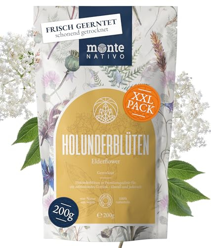 Holunderblütentee Monte Nativo (200g) - Holunderblüten schonend getrocknet | als Holundertee - 100% natürlich und ohne Zusatzstoffe - Aromatischer Kräutertee für einen köstlichen Aufguss