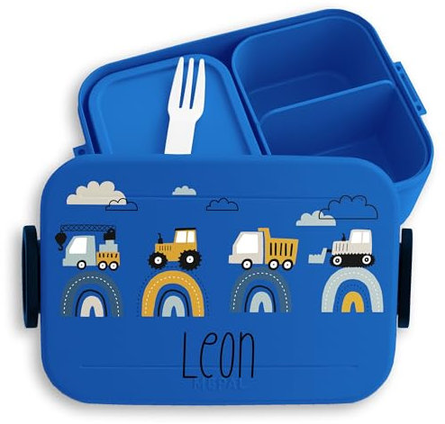 Kinder Bento Box Midi Lunchbox für Mepal Bentobox - Baustelle mit Name personalisiert Brotdose Bagger I Traktor I LKW I Kipper I Planierraupe I Kran - 900 ml - Blau - butterbrotdose kindergarten