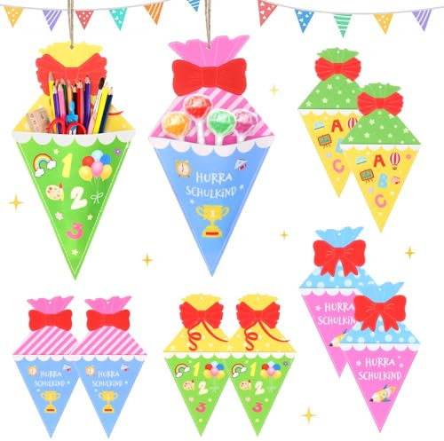 MONCAP 8 Stück Schultüte zur Einschulung Zuckertüte Filz Schultüte Geschenktüte Einschulung Deko zum Aufhängen für Schulanfang Dekoration Junge Mädchen