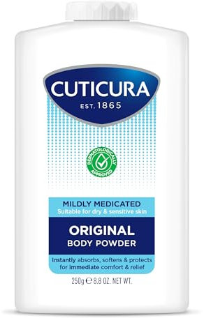 CUTICURA Mildly Medicated Body Powder 250 g, Many Uses Personal Hygiene, Sweat Control, Chafing and Friction Prevention, Itching Relief