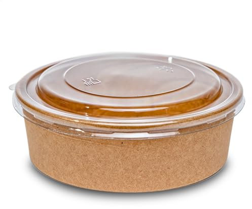 Inoverse Lot de 200 bols à salade en papier kraft avec couvercle - 1300 ml - En papier kraft - Jetables - Pour salades, collations, soupes, céréales, ronds, papier dur - Marron