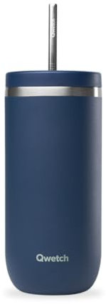QWETCH - Cold Cup Isotherme 600 ml Bleu Marine- 24h Glacé & 12h Froid - Inox Recyclé, Anti-Éclaboussure - Idéale pour Boissons Fraîches, Bubble Tea et Café Glacé