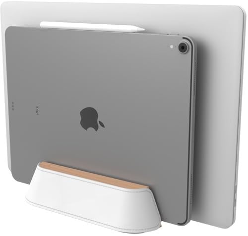 KUSOVILI Double support vertical pour ordinateur portable, station d'accueil réglable en bois massif et cuir pour 2 appareils jusqu'à 17,3, compatible avec MacBook Pro/Surface/Samsung/HP/Dell