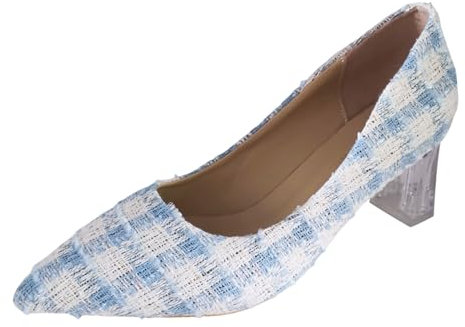 Lässige Damen-Schuhe Stoff, kariert, spitzer Zehenbereich, hoher Absatz, klobiger Absatz, große Einzelschuhe, hohe Absätze Sneaker Schuhe Damen 40 (Blue, 37)