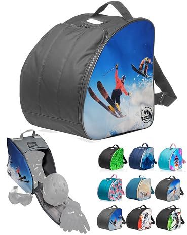 BAMBINIWELT Kinder Skistiefeltasche - Ski-Schuh-Tasche Rucksack mit integrierter Standfläche - für Boots, Helm, Skibrille & Handschuhe - wasserdichte Skischuhtasche mit Tragegriffen (Modell 06)