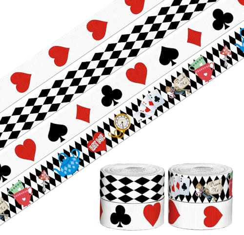 4 PCS 20 Yards 3/5 Hearts Block Ribbons Black White Grosgrain Ribbons Diamond Tea Party Ribbon Magic Fabric Ribbon for DIY Gift Support Decoration