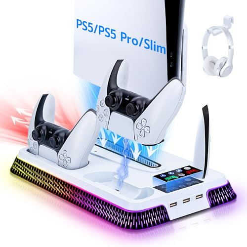 Mcbazel PS5/Slim & Pro Cooling Stand & Dual Controller Charging Station, PS5 Accessories with RGB Light & Headset Hook (Black)
