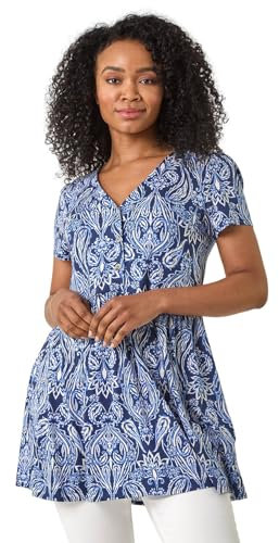 Roman Originals Smock Tunic Top for Women UK - Ladies Everyday Autumn Winter V-Neckline Comfy Soft Evening Vacation Work Party Night Out - Petite Blue Navy - Size 12
