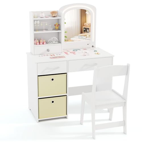 COSTWAY Kinder Schminktisch mit Beleuchtung, Kinderschminktisch mit Spiegel, Schubladen & 2 Aufbewahrungsboxen, Frisiertisch Prinzessin mit Hocker, Kosmetiktisch für Mädchen ab 3 Jahren, Weiß