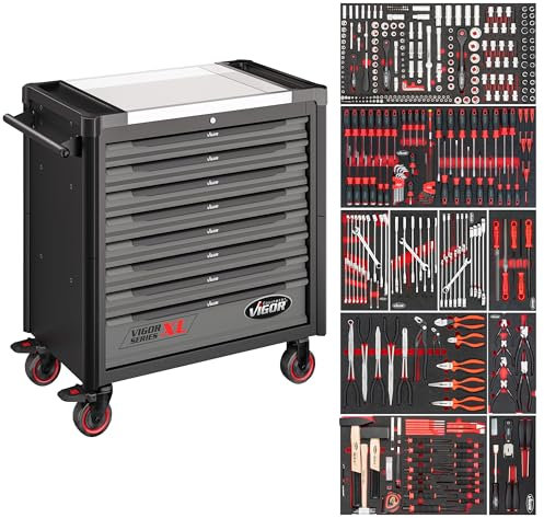Vigor Werkstattwagen XL V4481/416 mit Edelstahl-Arbeitsplatte, 416-tlg. Werkzeugsatz, 8 Schubladen, Tragkraft 500 kg, Zentralverriegelung, Kantenschutz, Fahrgriff, Lenkrollen mit Bremse