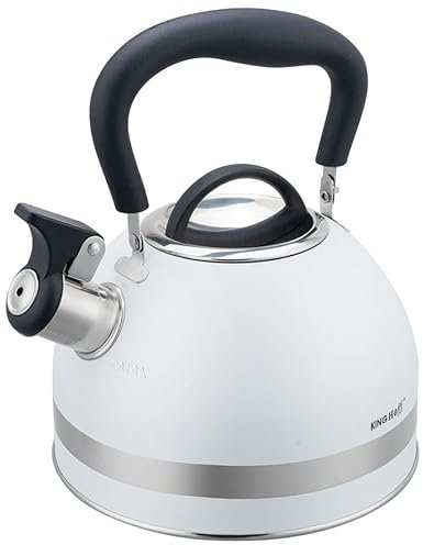 Kinghoff Wasserkessel 1.8L aus Edelstahl, Pfeifkessel Induktion, klein Flötenkessel, Teekessel mit Einklappgriff, Wasserkocher für alle Kochplatten, Kessel matt (Weiss)
