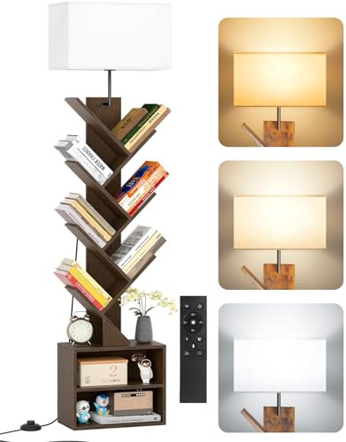 OUTONLIFE Libreria a Forma di Albero in Legno con Luce, Scaffale Autoportante a 9 Ripiani ad Angolo con Mobiletto – Libreria Salvaspazio per Libri, CD, per Soggiorno, Studio, Ufficio(Walnut)