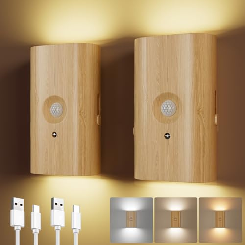 2 PCS LED Woodgrain Wall Lights, Battery Wall Lamps with Motion Sensor | Magnetic Sconce Wall Lamp, 3 Color Dimmable, 3600mAh Type-C Rechargeable, Night Light for Living Room, Stairs, Bedroom