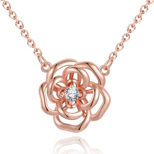 Tusuzik Collana Donna Argento 925 con Rosa Collana Placcata Oro Rosa Zirconia Cubica Pendente Gioielli Donna Idee Regalo Compleanno San Valentino Festa Mamma per Lei Mamma Nonna