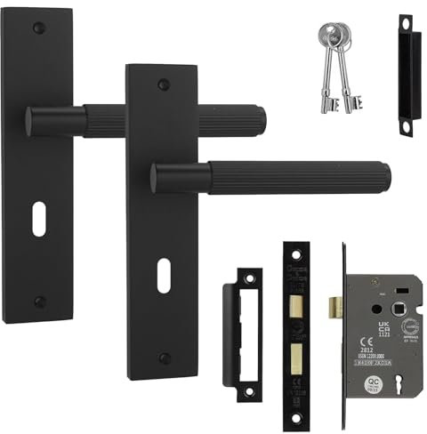 Decoranddecor Hera Matt Black Keyhole Backplate Door Handle Set with 2.5in Fire-Rated Sash Lock & Keys – Secure Internal Lever Handles with Knurled Texture for Durable Classic Installations