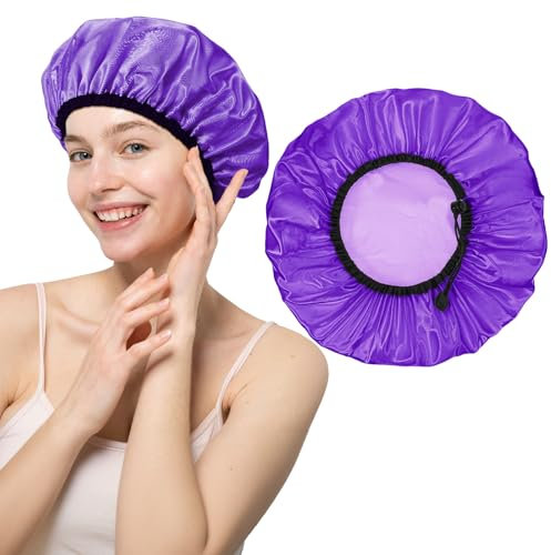 Waterproof Shower Caps for Women, Double-Layer Adjustable Large Shower Cap, Showers Cap Reusable Waterproof, Purple Soft Satin Showers Caps for All Hair Lengths