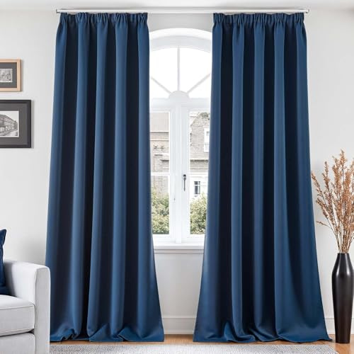 Vangao Gardinen mit Kräuselband Vorhang Blickdicht Dunkelblau H260 x B140cm 2er Set Vorhänge Wohnzimmer Modern Thermo Gardinen Schienensystem Blickdichte für Schlafzimmer Kinderzimmer Fenster