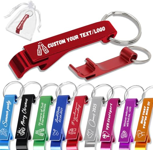 10-100 Pcs Personalised Aluminium Bottle Opener Keyring Engraved with Text Logo Custom Keychain Bottle Opener 9 Colours for Christmas Party Bar Gathering (10)