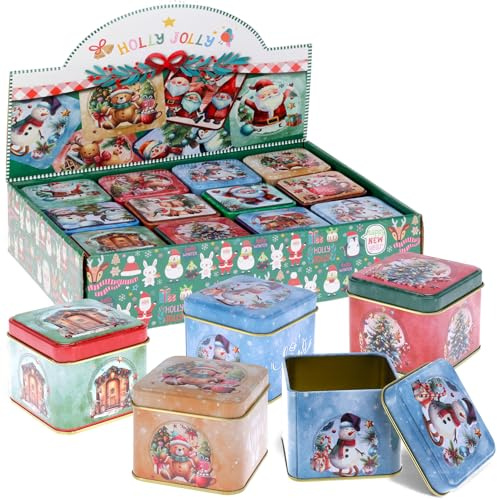 MIJOMA 12er Set quadratische Metalldosen Weihnachten – Geschenkboxen mit Deckel im Vintage-Stil – Ideal für Plätzchen Süßes DIY Mitgebsel Advent Weihnachtsverpackung